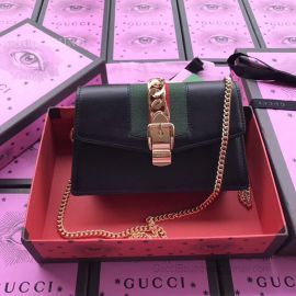 Gucci Sylvie Web Original Leather Chains Mini Bag Black 494642