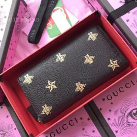 Gucci Bee Star Leather Zip Around Wallet Black 495062
