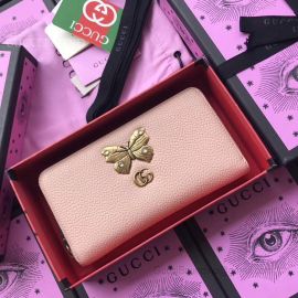 Gucci Leather Zip Around Wallet With Butterfly Pink 499363