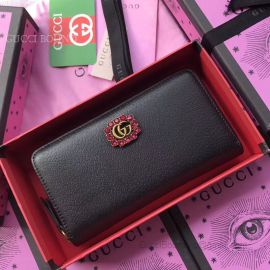 Gucci Leather Zip Around Wallet With Double G And Crystals Black 499793
