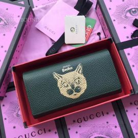 Gucci Garden Leather Long Wallet With Cat Green 521556