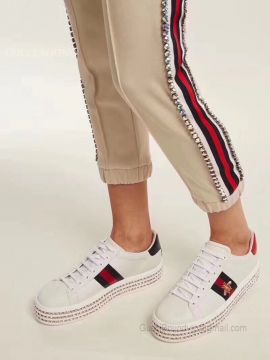 Gucci Leather Platform Sneaker With Bee White