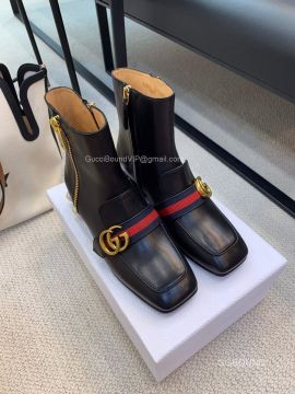 Gucci Classic GG Web Leather Ankle Boot with Jewel Heel 2191030