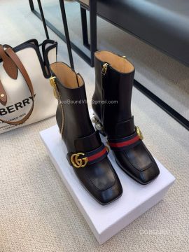 Gucci Classic GG Web Leather Ankle Boot with Jewel Heel 2191031