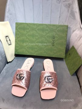Gucci Womens Antique Rose Sequin Embroidered Slide Sandal with Pink Leather 2191074