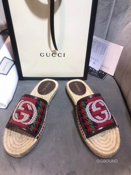 Gucci Houndstooth Stripe Espadrilles Sandal with Interlocking G in Red and Green Wool 2191112