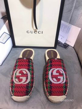 Gucci Houndstooth Stripe Espadrilles Mules with Interlocking G in Red and Green Wool 2191113