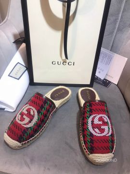 Gucci Houndstooth Stripe Espadrilles Mules with Interlocking G in Red and Green Wool 2191113