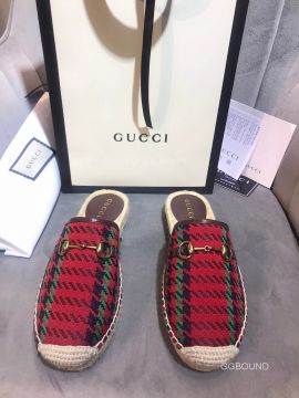 Gucci Houndstooth Stripe Espadrilles Mules with Red and Green Wool 2191114
