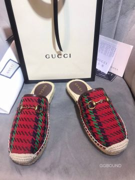 Gucci Houndstooth Stripe Espadrilles Mules with Red and Green Wool 2191114