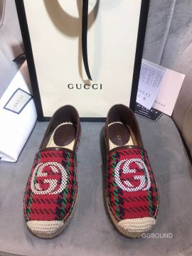 Gucci Houndstooth Stripe Espadrilles Flats with Interlocking G in Red and Green Wool 2191115