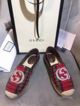 Gucci Houndstooth Stripe Espadrilles Flats with Interlocking G in Red and Green Wool 2191115