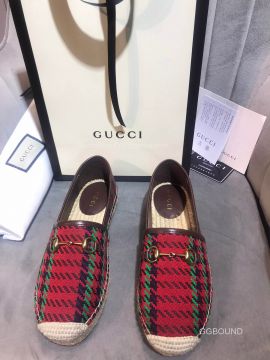 Gucci Houndstooth Stripe Espadrilles Flats with Red and Green Wool 2191116