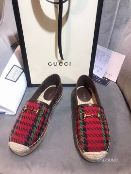 Gucci Houndstooth Stripe Espadrilles Flats with Red and Green Wool 2191116