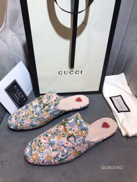 Gucci Liberty Floral Leather Slipper Mules with Horsebit and Red Heart 2191119
