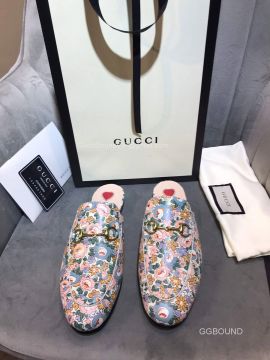 Gucci Liberty Floral Leather Slipper Mules with Horsebit and Red Heart 2191119