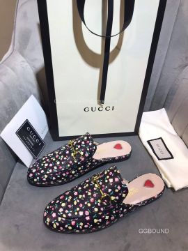 Gucci Liberty Floral Leather Slipper Mules with Horsebit and Red Heart 2191120