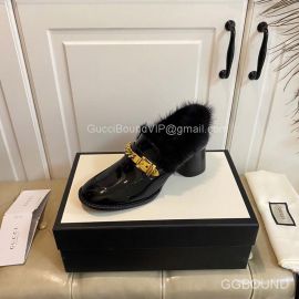 Gucci Sylvie Chain Mid Heel Loafer with Black Fur and Leather 2191150
