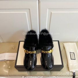Gucci Sylvie Chain Mid Heel Loafer with Black Fur and Leather 2191150