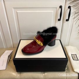 Gucci Sylvie Chain Mid Heel Loafer with Red Fur and Leather 2191151