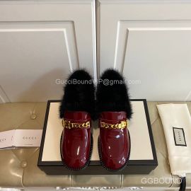 Gucci Sylvie Chain Mid Heel Loafer with Red Fur and Leather 2191151
