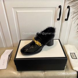 Gucci Sylvie Chain Mid Heel Loafer with Black Fur and Leather 2191152