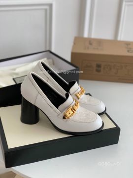 Gucci Mid Heel Loafer with Chain in White Grained Calfskin 85MM 2191196