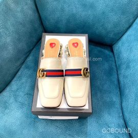 Gucci Web GG Logo Flat Mule Slipper with Red Heart and Jewel Heel in OFF White Calfskin 2191218