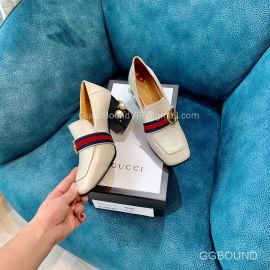 Gucci Web GG Logo Loafers with Red Heart and Jewel Heel in OFF White Calfskin 75MM 2191225