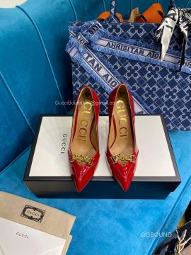 Gucci 2021 Chain Point Toe Pumps in Red Patent Calfskin 105MM 2191231