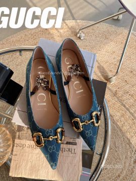 Gucci GG Jacquard Horsebit Ballerina Flat with Chain in Blue Denim 2191236