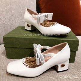 Gucci Chain Trimmed Mary Jane Pumps in White Lambskin 50MM 2191299