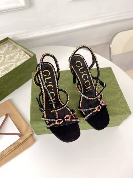 Gucci Carmen Crystal Bow Metallic Slingback Sandal in Black Leather 100MM 2281054