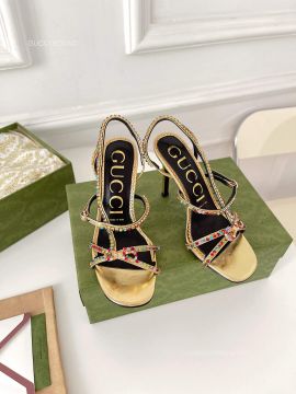 Gucci Carmen Crystal Bow Metallic Slingback Sandal in Gold Leather 100MM 2281055