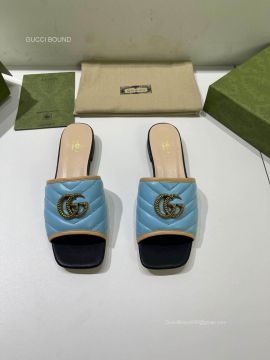 Gucci Online Exclusive Slide Sandal with Double G in Light Blue Chevron Matelasse Leather 2281063