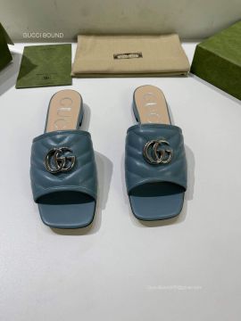Gucci Online Exclusive Slide Sandal with Double G in Dark Blue Chevron Matelasse Leather 2281064