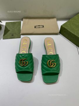 Gucci Online Exclusive Slide Sandal with Double G in Green Chevron Matelasse Leather 2281065