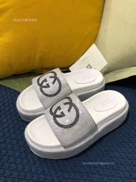 Gucci Crystals Interlocking G Platform Slide Sandal in White Unisex 2281069