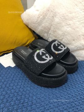 Gucci Crystals Interlocking G Platform Slide Sandal in Black Unisex 2281070