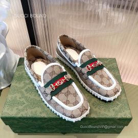 Gucci Beige GG Driver Flat Loafers with Horsebit and Web Unisex 2281074