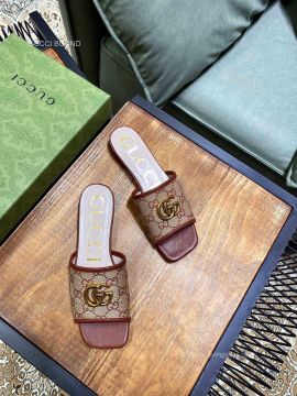 Gucci Double G Slide Sandal with GG Supreme Canvas and Burgundy Leather 2281121