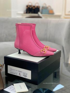 Gucci Mid Heel Ankle Boot with Horsebit in Pink Mesh and Leather 55MM 2281149