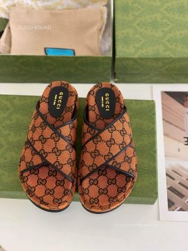 Gucci Criss Cross Tan Multicolor GG Canvas Platform Slide Sandal 2281196