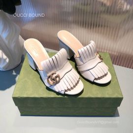 Gucci Double G Leather Fringer Heeled Sandal in White 70MM 2281198