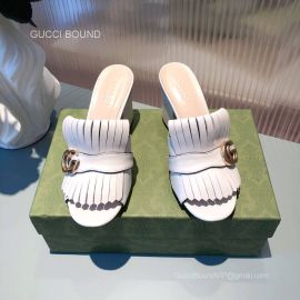 Gucci Double G Leather Fringer Heeled Sandal in White 70MM 2281198