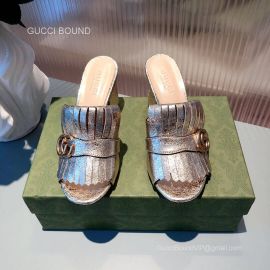Gucci Double G Leather Fringer Heeled Sandal in Gold 70MM 2281200