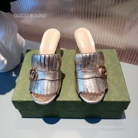 Gucci Double G Leather Fringer Heeled Sandal in Gold 70MM 2281200