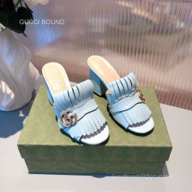 Gucci Double G Leather Fringer Heeled Sandal in Light Blue 70MM 2281201