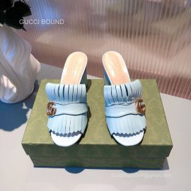 Gucci Double G Leather Fringer Heeled Sandal in Light Blue 70MM 2281201