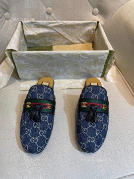 Gucci Womens Slipper Mule with Tassels and Web in Blue GG Denim 2281206